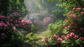 Beautiful garden with pink rhododendrons. photo