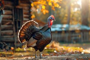 Wild turkey walks a rustic farmyard. photo