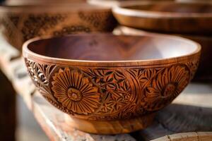 Handcrafted wooden bowls on a table photo