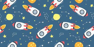 Seamless pattern with rockets in space on a background of stars and planets. vector