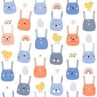 Seamless pattern with cute, cheerful bunnies, chickens, hares, eggs. Spring abstract print. vector