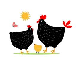 Poultry family. Cute abstract rooster with hen and little chick together. vector