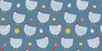 Seamless pattern with hens and chickens, eggs. Abstract pattern with poultry. vector