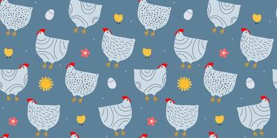 Seamless pattern with hens and chickens, eggs. Abstract pattern with poultry. vector