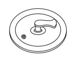 Glass lid icon. A round cap with a wooden handle, a hole for steam or water. Kitchen tool - cover for frying pan, pot, dish. Hand drawn sketch isolated on white. Simple tableware clipart vector