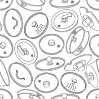 Lids seamless pattern. Cookware made of glass, porcelain, plastic. Caps with steel and wood handles, holes for steam. Kitchen covers for frying pan, pot, utensil. Black and white background vector