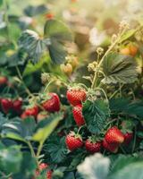 Close-up of strawberries growing on field photo