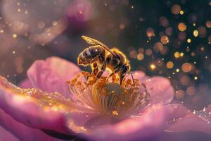 Close-up of bee pollinating on pink flower photo