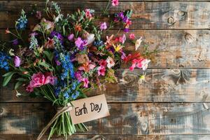 Beautiful colorful flowers bouquet over rustic wood background. photo