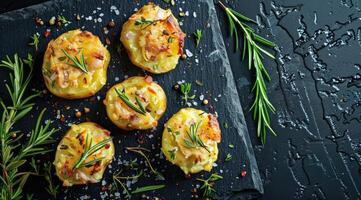 Crushed, smashed potatoes baked with rosemary and thyme. Black background. Top view. photo
