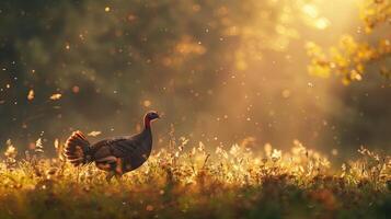 Wild turkey walks in the meadow. photo