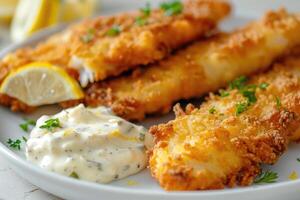 Breaded and fried fish fingers served with remoulade sauce and lemon. photo