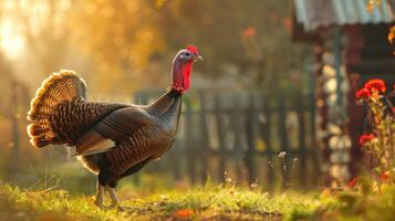 Wild turkey walks a rustic farmyard. photo