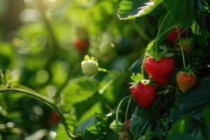 Close-up of strawberries growing on field photo