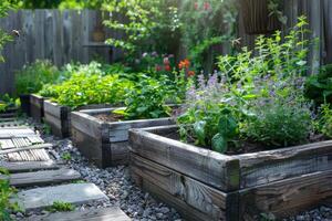 Wooden raised beds neatly arranged with rows of aromatic herbs. photo