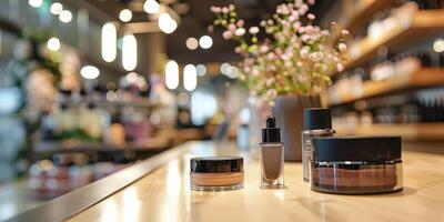 Cosmetics products on table inside shop. photo