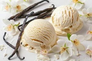 Vanilla ice cream, vanilla beans and vanilla flowers on the table. photo