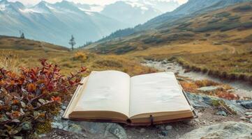 Serene mountain landscape reading spot. photo