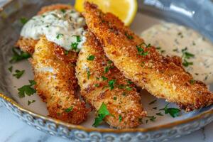 Breaded and fried fish fingers served with remoulade sauce and lemon. photo