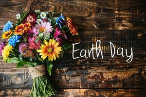 Beautiful colorful flowers bouquet over rustic wood background. photo