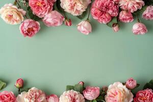 Border made of pink roses and peonies isolated on pastel green background photo