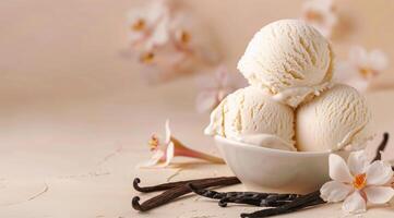 Vanilla ice cream, vanilla beans and vanilla flowers on the table. photo