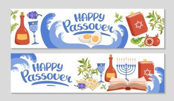 contento Pascua cartelera colocar, fiesta invitación antecedentes. seder lámina, matzá, huevo, ensalada, olas rojo mar, vino botella, taza. mano dibujado letras. horizontal fondo para web. plano ilustración vector