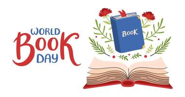 World Book day web banner. Open book with floral pattern. Festive Invitation background for books lovers. Hand drawn lettering. Horizontal Backdrop postcard, poster, template. flat illustration vector