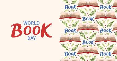 World Book day web banner. Open book pattern. Invitation background for readers. Hand drawn lettering. Education and School. Horizontal Backdrop postcard, poster, template. flat illustration vector