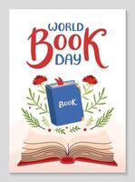 World Book day poster. Open book with floral pattern. Festive Invitation background for readers. Hand drawn lettering. Vertical Backdrop postcard, poster, template. flat illustration vector