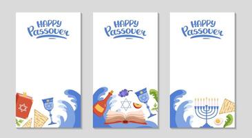 Happy Passover frame with traditional elements. Social media long greeting stories Background. lettering for invitation. Jewish vertical templates with menorah, matzah, torus. flat illustration vector