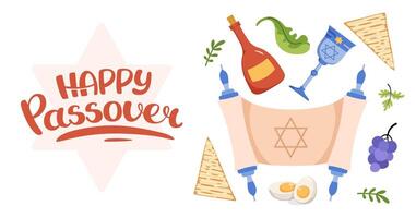 Happy Passover web banner. Jewish Invitation background. Tradition icons matzah, wine, torus, Elijah's Cup, egg. Hand drawn lettering. Horizontal Backdrop postcard, poster. flat illustration. vector