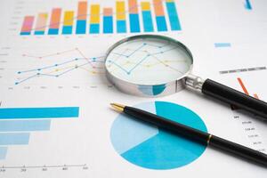 Magnifying glass on spreadsheet and graph paper. Financial development, Banking Account, Statistic, Investment Analytic research data economy, Business. photo