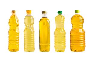 Vegetable oil in different bottle for cooking isolated on white background. photo