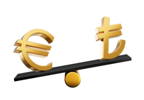 3d gouden euro en lire symbool pictogrammen met 3d zwart balans gewicht wip, 3d illustratie png