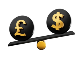 3d Golden Pound And Dollar Symbol Rounded Black Icons With 3d Balance Weight Seesaw, 3d illustration png