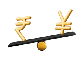 3d Golden Indian Rupee And Yen Symbol Icons With 3d Black Balance Weight Seesaw, 3d illustration png