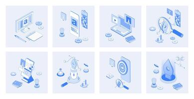 Designer studio 3d isometric concept set with isometric icons design for web. Collection of drawing tools, interface layout engineering, typography and graphic content creation. illustration vector