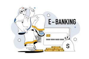 Online banking outline web modern concept in flat line design. Man managing money at financial account, makes online payment in app. illustration for social media banner, marketing material. vector