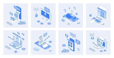 Blogging 3d isometric concept set with isometry icons design for web. Collection of creating content in online blogs, posting or photo, followers comment and like, subscribe. illustration vector