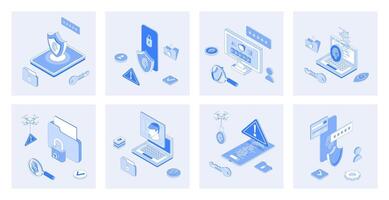 Cyber security 3d isometric concept set with isometric icons design for web. Collection of fingerprint scan verification, password lock access, hacker attack guarding software. illustration vector