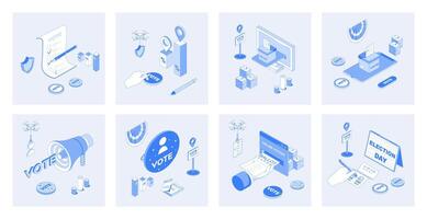 Election and voting 3d isometric concept set with isometric icons design for web. Collection of choice vote forms, boxes and online system, democratic choice, political ratings. illustration vector