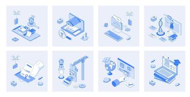 Online education 3d isometric concept set with isometric icons design for web. Collection of virtual library, reading books, e-learning platform, lessons, science learning. illustration vector