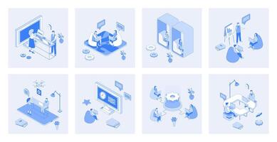 Coworking 3d isometric concept set with isometric icons design for web. Collection of employees workplace in open office, colleagues working together, business meeting community. illustration vector