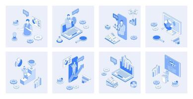 Business training 3d isometric concept set with isometric icons design for web. Collection of businessmans at seminars, job coaching, consulting lectures, online workshop. illustration vector