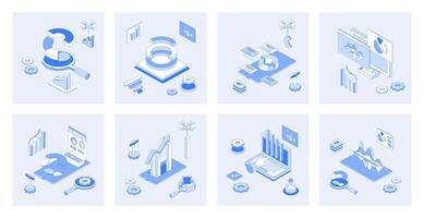 Data analysis 3d isometric concept set with isometric icons design for web. Collection of charts and graphs, marketing research, financial diagrams report, statistic information. illustration vector