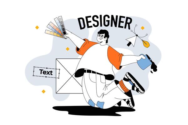 Designer outline web modern concept in flat line design. Man working with colours palette and text for digital creative projects. illustration for social media banner, marketing material.