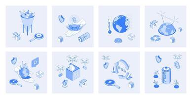 Ecology 3d isometric concept set with isometric icons design for web. Collection of waste management, recycling technology, climate changing, eco friendly factory, green energy. illustration vector