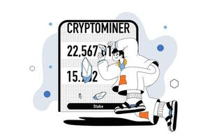 Crypto mining outline web modern concept in flat line design. Man works as crypto miner, trading bitcoins and other digital currency. illustration for social media banner, marketing material. vector