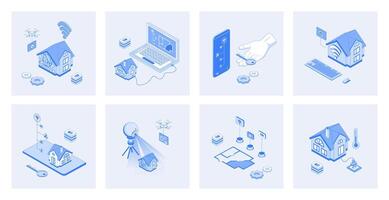 Smart home 3d isometric concept set with isometric icons design for web. Collection of wireless connection, automation house monitoring sensor system, surveillance security camera. illustration vector